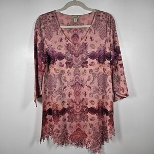 One World Pink Bling Sparkle Lace Trim Asymmetric  Hem Boho Tunic Top Size Large